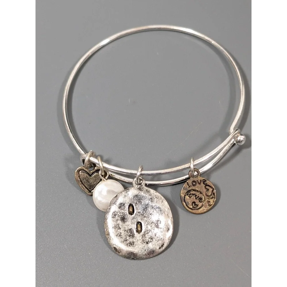Two Tone‎ Heart Charm Bangle Bracelet White Pearl Love Stackable 7